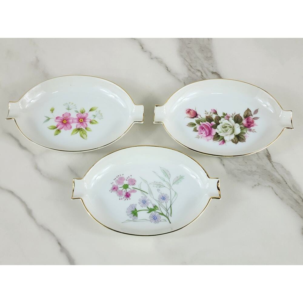 Candy Dish Porcelain Floral Design 5 1/2" Gold Trim 90s Made in Japan x3 Vintage